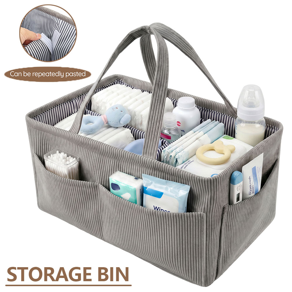 Baby Nursery Organiser - ベビーおむつ収納オーガナイザー 折りたたみ式コーデュロイ製保育園収納ビン 多ポケットとハンドル付き 携帯用おしりふきバスケットオーガナイザー