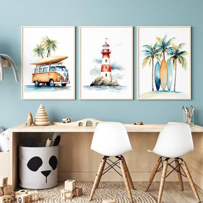 Baby Nursery Ocean Theme - サーフオーシャンをテーマにした保育園のウォールアート、ビーチ灯台、子供向けのキャンバス絵画、赤ちゃんの寝室の装飾、印刷可能なポスター