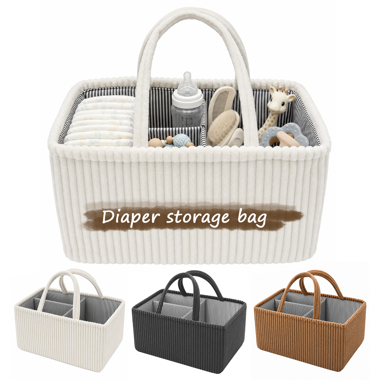 Baby Nursery Organiser - ベビーおむつ収納オーガナイザー コーデュロイ製 旅行用ポータブルママバッグ 大容量 保育室収納ボックス 哺乳瓶収納ハンドバッグ