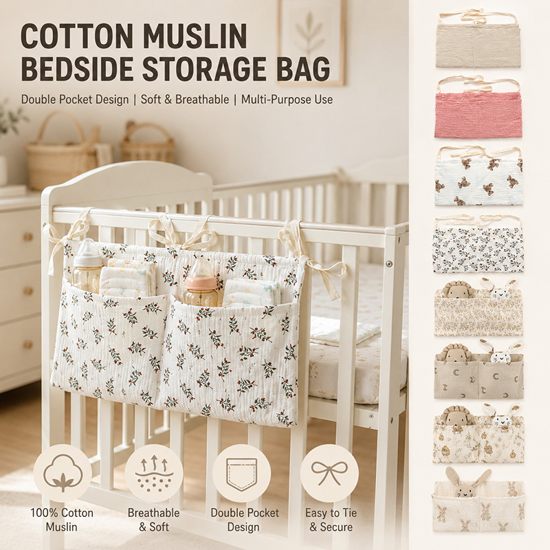 Baby Nursery Organiser - モスリン製ベビーベッドオーガナイザー、コットン製ベッドサイド収納バッグ、ダブルポケット付きベビーカー吊り下げバッグ（おむつ、哺乳瓶、育児必需品用）