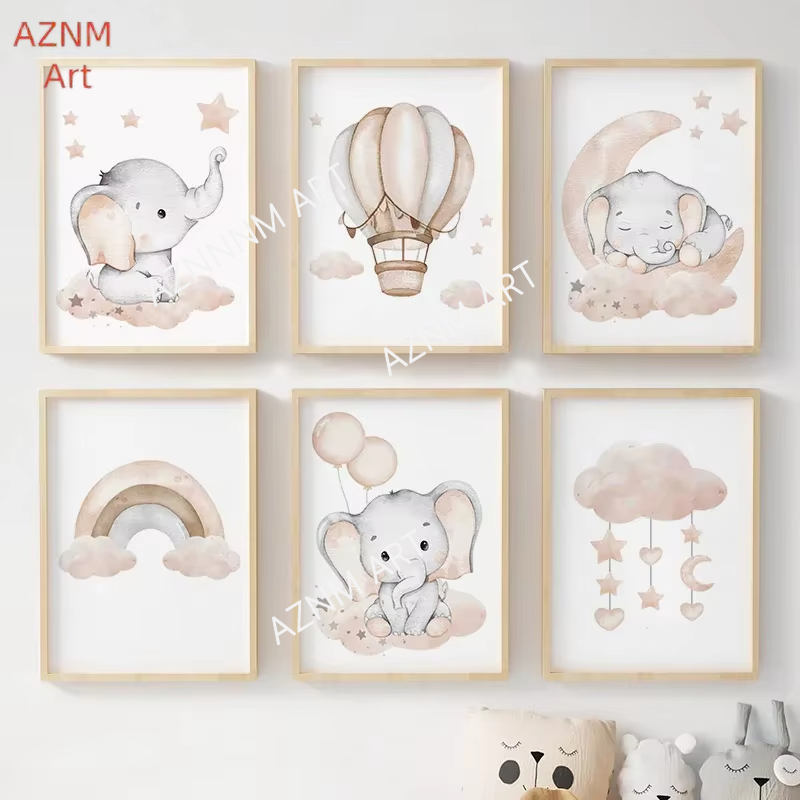 Baby Nursery Kids - 象バルーン虹月星雲スイングベビーキッズポスター壁アート保育園キャンバスプリントホームルーム装飾写真