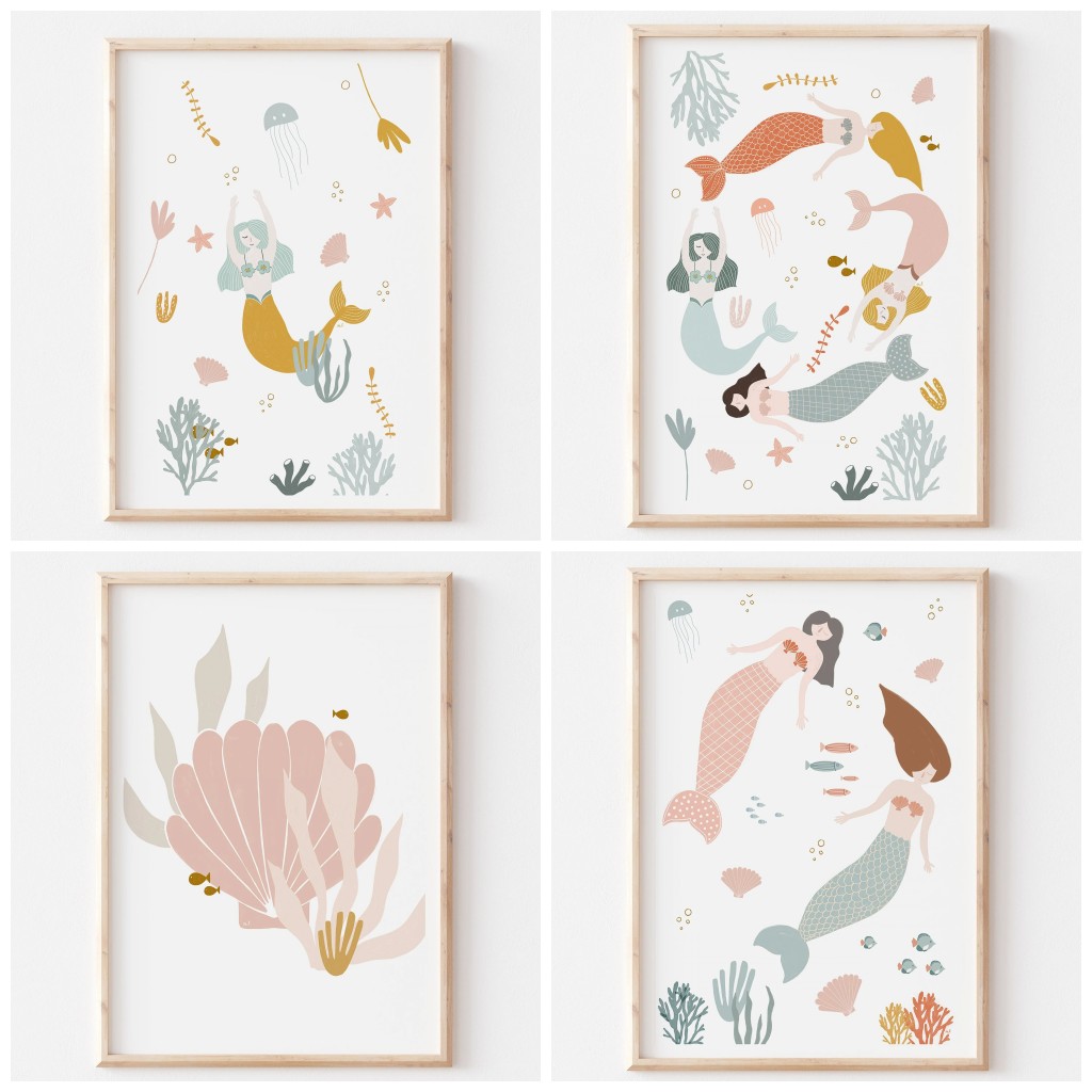 Baby Nursery Ocean Theme - 自由奔放に生きる保育園の海のポスター、ピンクの海のシェル、プリント可能な壁の芸術、人魚のキャンバス、女の赤ちゃんの部屋の写真、寝室の装飾