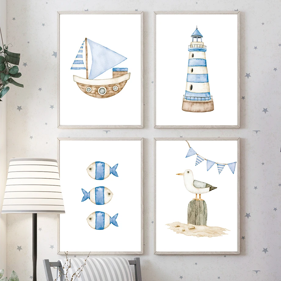 Baby Nursery Kids - 帆船灯台魚航海保育園ポスターとプリントキャンバス絵画北欧壁アート写真ベビーキッズルームホームデコ