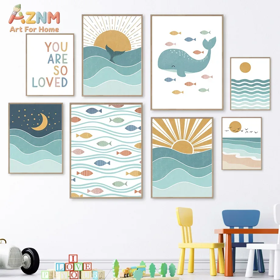 Baby Nursery Ocean - AZNM ボヘミアンオーシャンキャンバスウォールアート キュートなクジラ、魚、波、太陽、月、あなたはとても愛されていますプリント、額なしキャンバス絵画、ニュートラルなベビー向けN