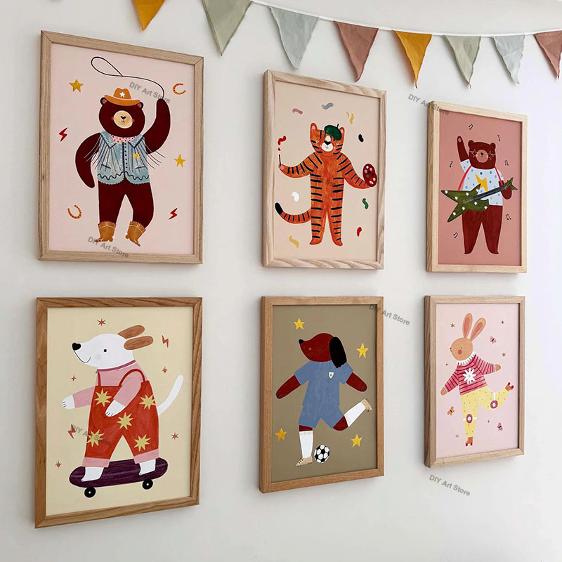 Baby Nursery Kids - 面白い漫画の動物の保育園用ウォールアートキャンバス絵画、クマ、トラ、ウサギ、ネズミ、犬のポスター＆プリント、赤ちゃん子供部屋の装飾