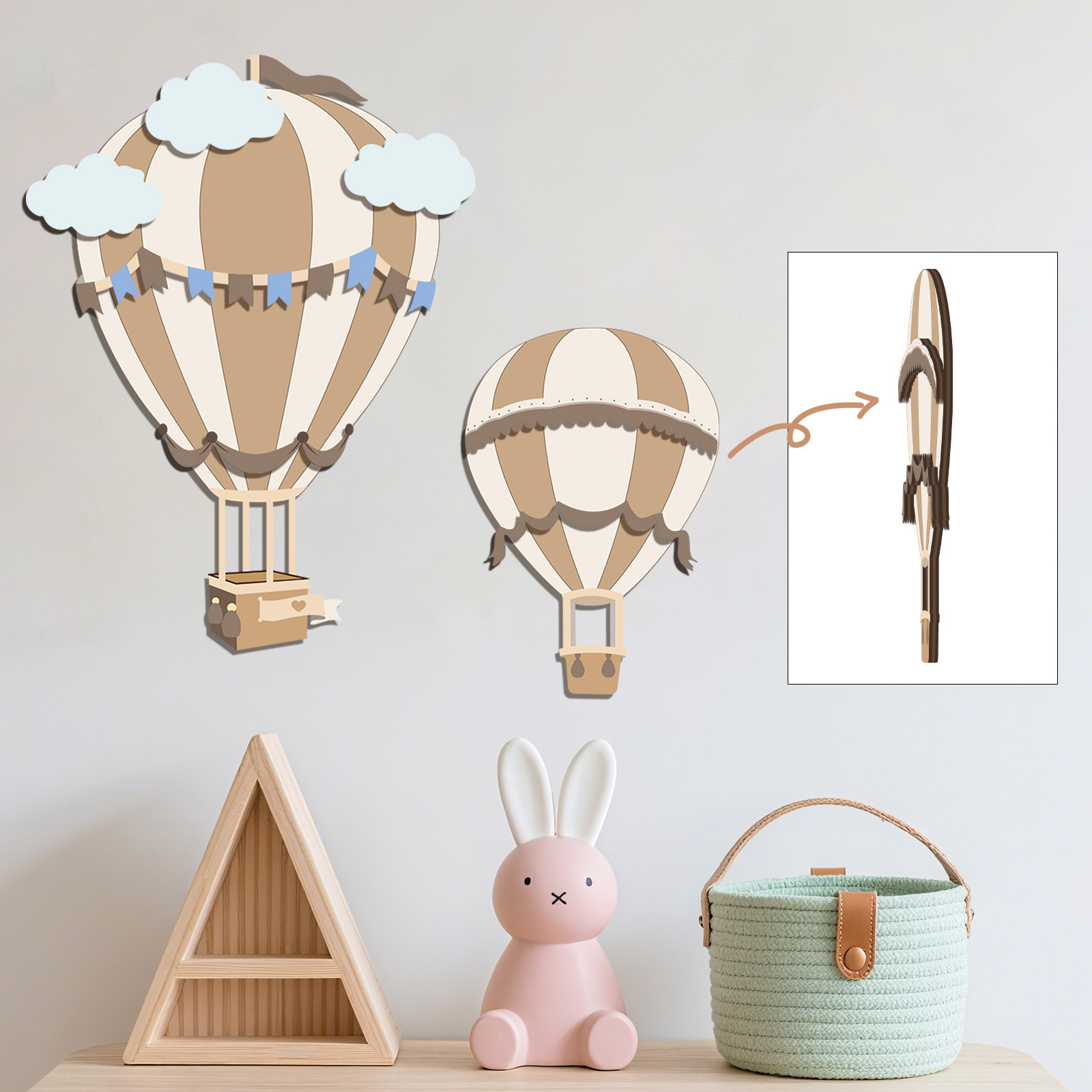 Baby Nursery Hot Air Balloon - ニュートラルな熱気球木製壁飾り、3D木製壁飾り、ボヘミアン風雲木製サイン、ベビー保育園子供部屋壁掛けD