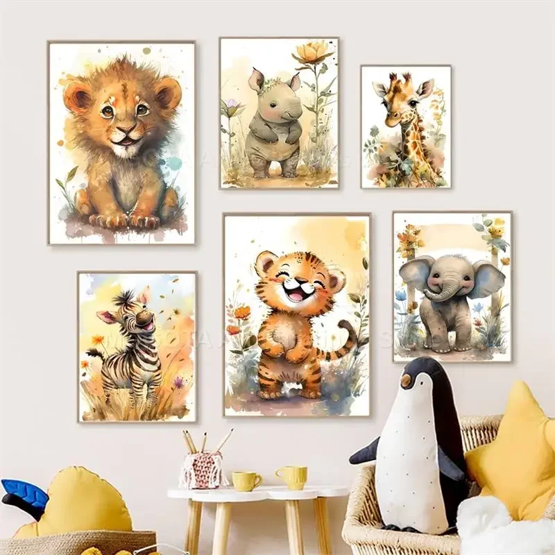 Baby Nursery Kids - 水彩画ライオンキリン虎象ゼブラ保育園壁アートキャンバス絵画動物ポスタープリント写真ベビーキッズルームデコレーション