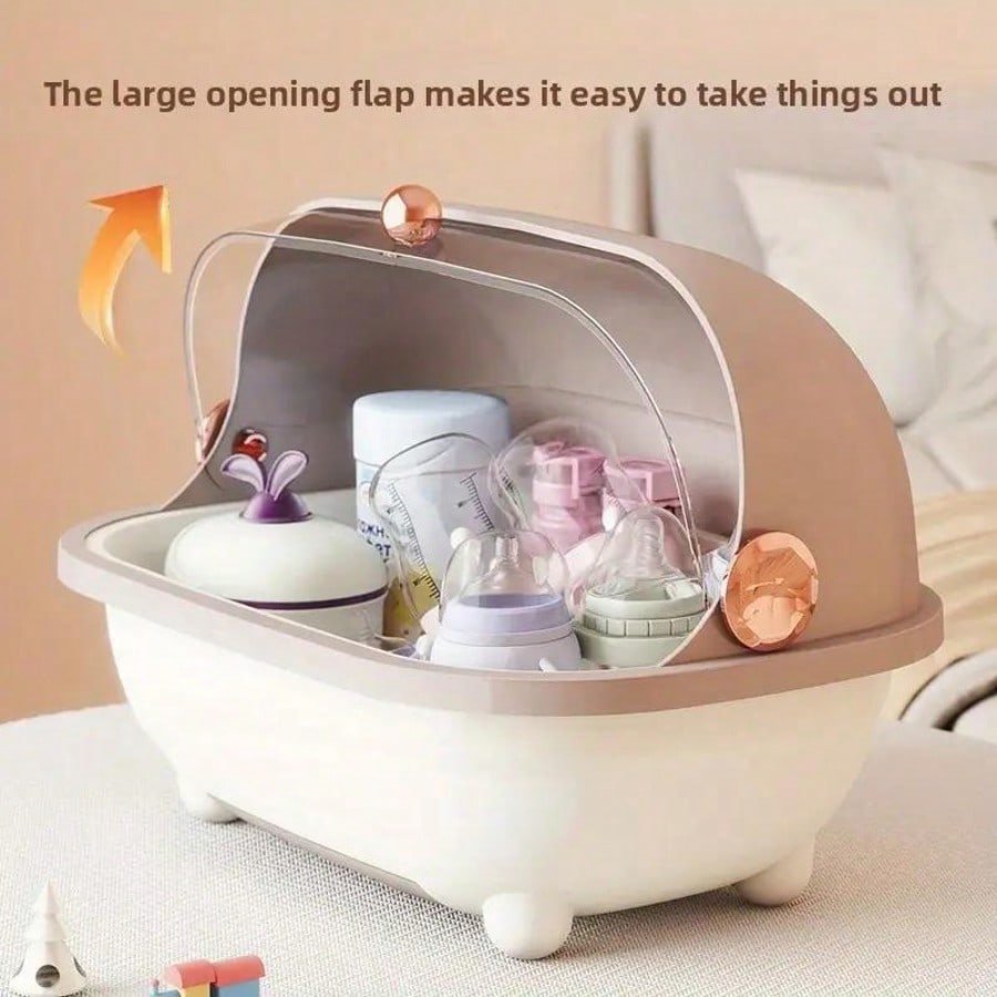 Baby Nursery Unit - 哺乳瓶乾燥ラック収納ボックス モダンなクリアフリップリッド プラスチック製カウンタートップオーガナイザー 防塵ケースユニット 取り外し可能な排水トレイ付き 乳首、カップ、授乳用具用