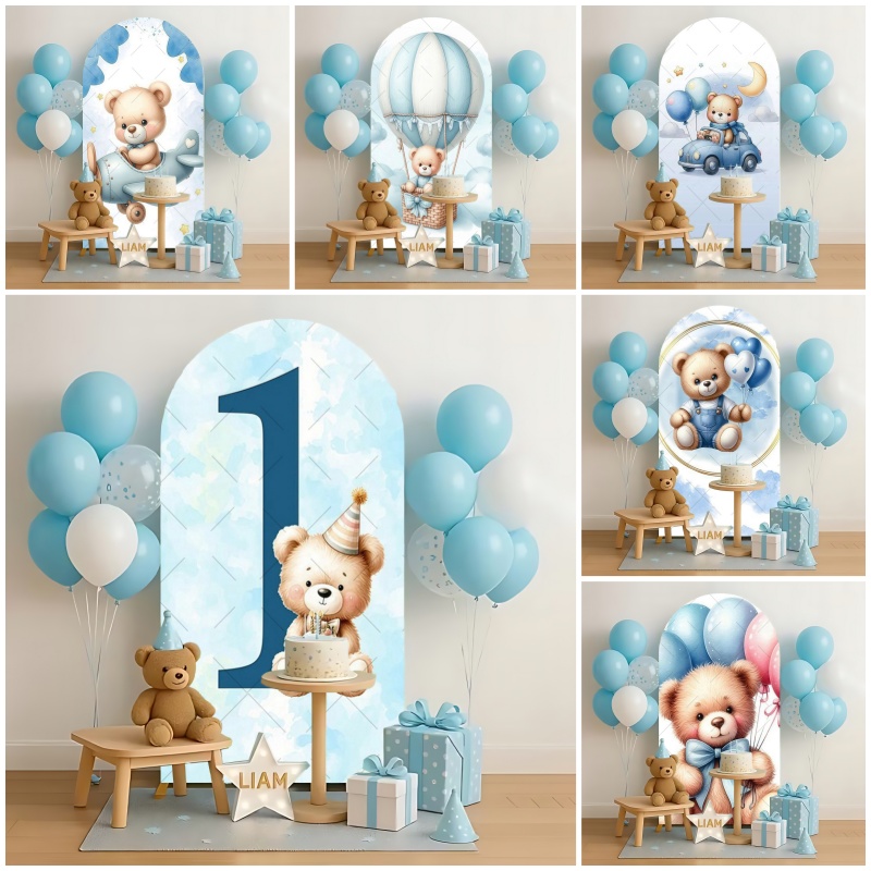 Baby Nursery Hot Air Balloon - テディベアキッズ1歳の誕生日アーチ型背景幕ブルー熱気球ベビーシャワーパーティーデコレーションアーチ型壁カバー伸縮性背景幕