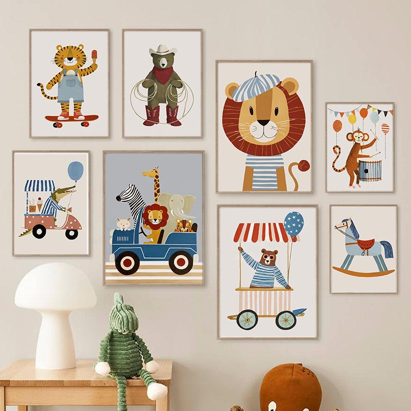 Baby Nursery Kids - 面白い漫画の動物車風船保育園ウォールアートキャンバス絵画ライオンベアタイガーポスター＆プリント写真ベビーキッズルームデコレーション