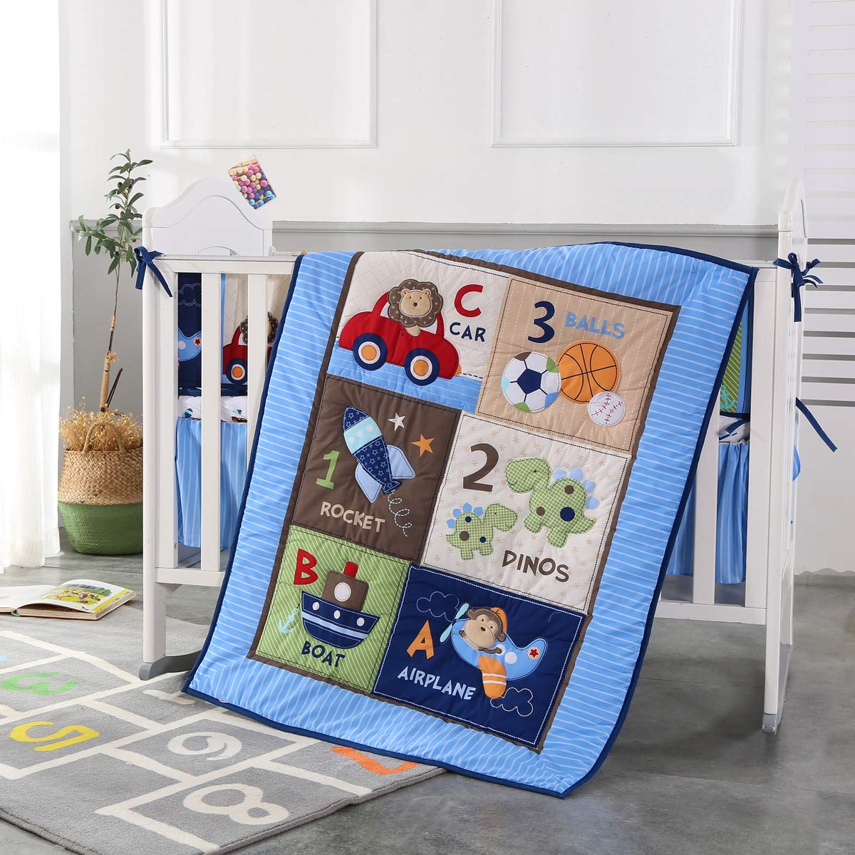 Baby Nursery Bedding - 通気性のあるベビーベッド寝具セット,幼児用寝具,保育園,4つのバンパー,掛け布団,シーツ,スカート,7個