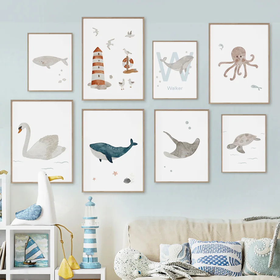 Baby Nursery Ocean - 子供部屋,ポスター,写真,壁アート,海の動物,クジラ,タコ,カメ,swan,赤ちゃん,子供,部屋の装飾用のカスタムキャンバス絵画