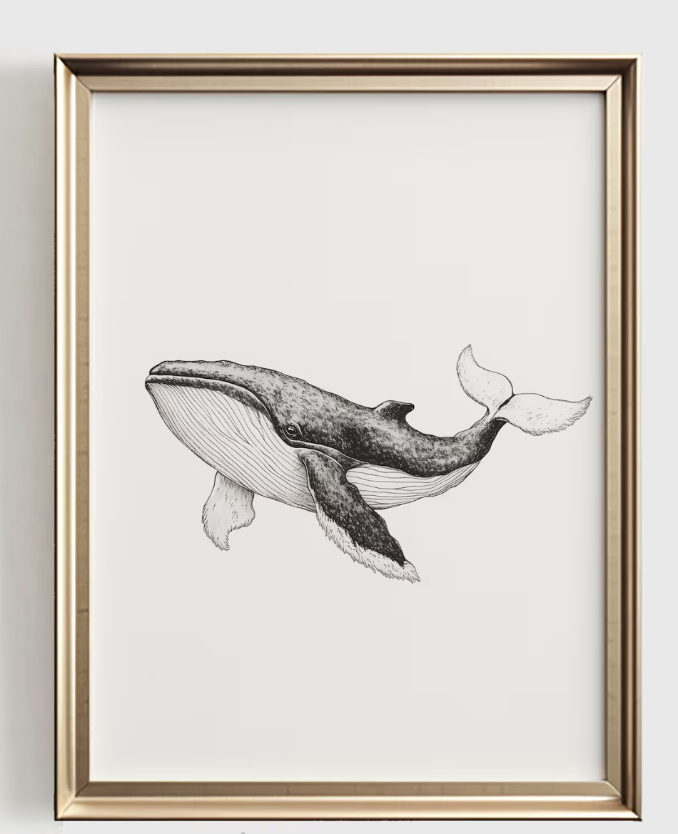 Baby Nursery Ocean - クジラのラインアートプリント、ミニマリストオーシャン保育園装飾、ベビールーム用の黒と白のアート、ニュートラルな海岸の子供部屋用プリントアートギフト