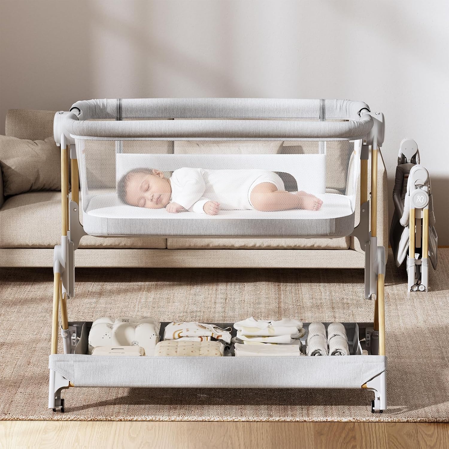 Bassinet Bedside Sleeper - 3 in 1 ベッドサイドベビーベッド ワンクリック折りたたみ式ベビーベッド