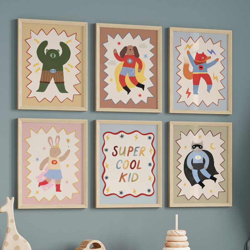 Baby Nursery Kids - 面白い漫画の超クールな子供部屋の壁飾りキャンバス絵画、クマ、ウサギ、キツネのポスター＆プリント、赤ちゃん子供部屋の装飾用絵画