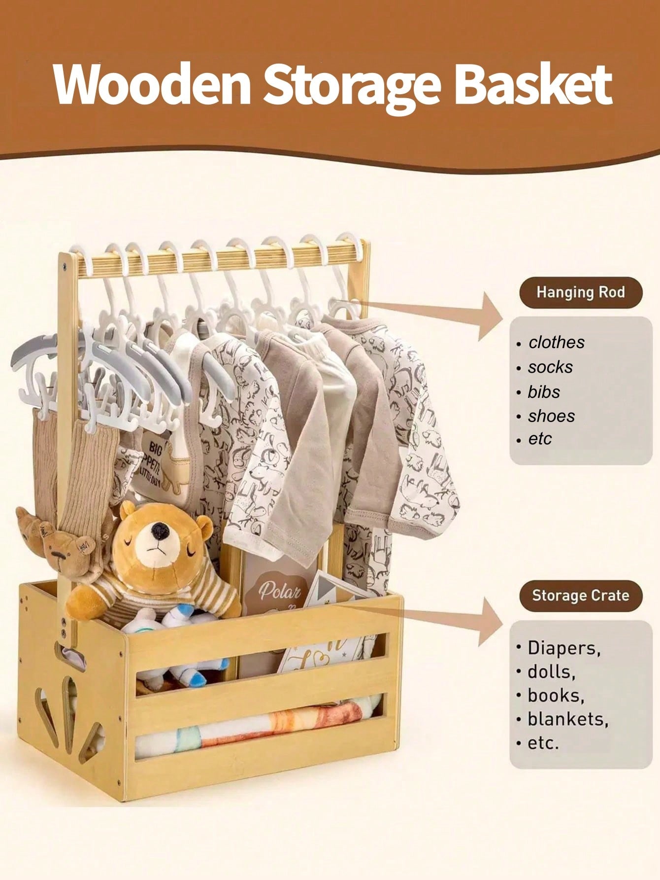 ベビーシャワー用木製収納ボックス（吊り下げ棒付き）、モダンな - Baby Nursery Unit のレビューと価格