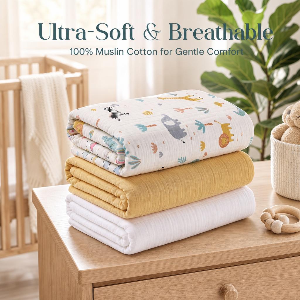3枚組ベビーモスリンスワドルブランケット 100%コットン製 - Baby Nursery Bedding のレビューと価格