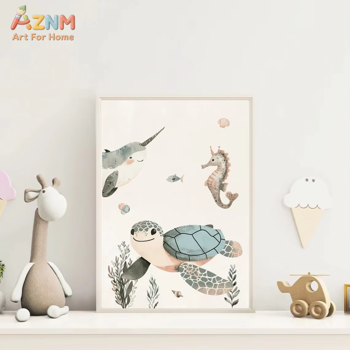 AZNM 水彩かわいい海洋動物キャンバスウォールアートクジラ - Baby Nursery Ocean のレビューと価格