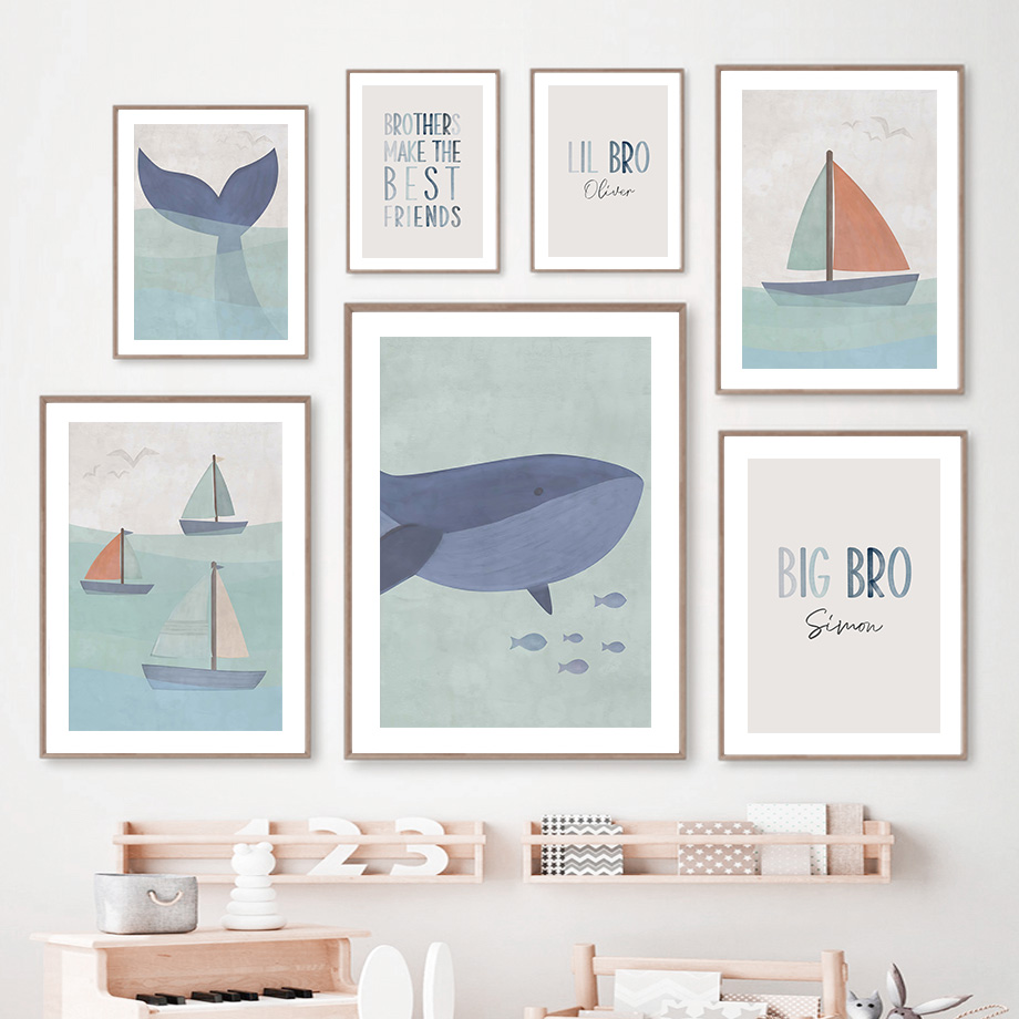 漫画海クジラサメ帆船オーシャン保育園壁アートキャンバス絵画北 - Baby Nursery Ocean のレビューと価格