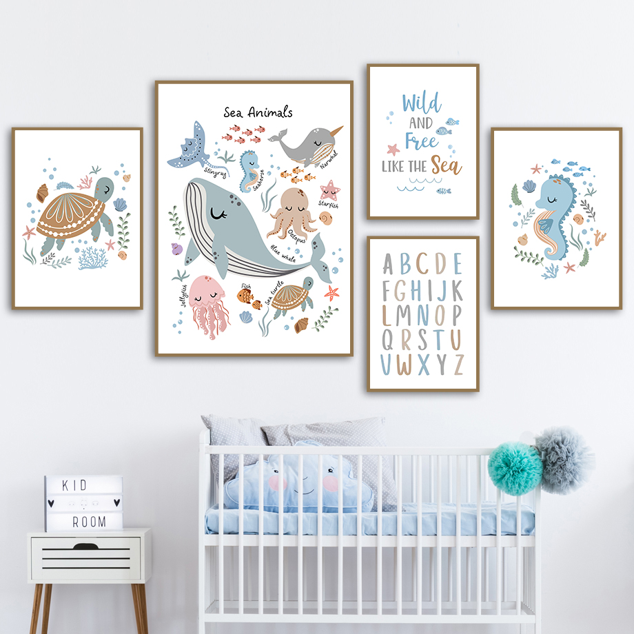 フレームなし海洋動物ウミガメクジラ数字アルファベット保育園壁 - Baby Nursery Ocean のレビューと価格