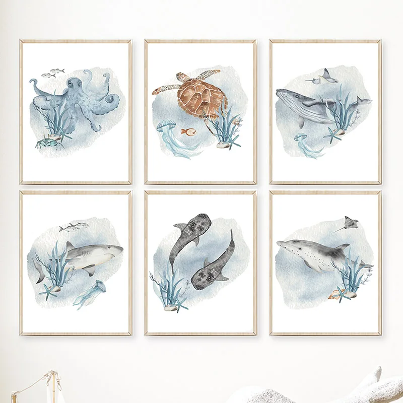 子供の部屋の装飾のためのポスターとプリント、クジラ、魚、サメ - Baby Nursery Ocean のレビューと価格