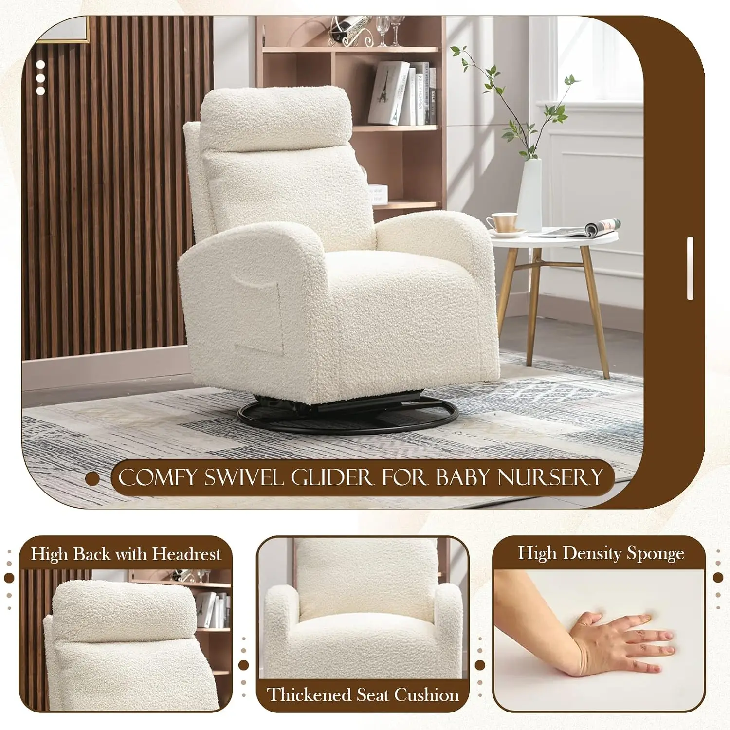 モダンな回転式グライダーチェア、ベビーナーサリー用布張りアク - Baby Nursery Glider Chair のレビューと価格