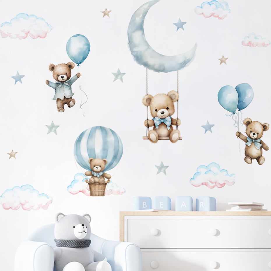 水彩クマ熱気球雲ウォールステッカーブルーカラーキッズルームベ - Baby Nursery Hot Air Balloon のレビューと価格