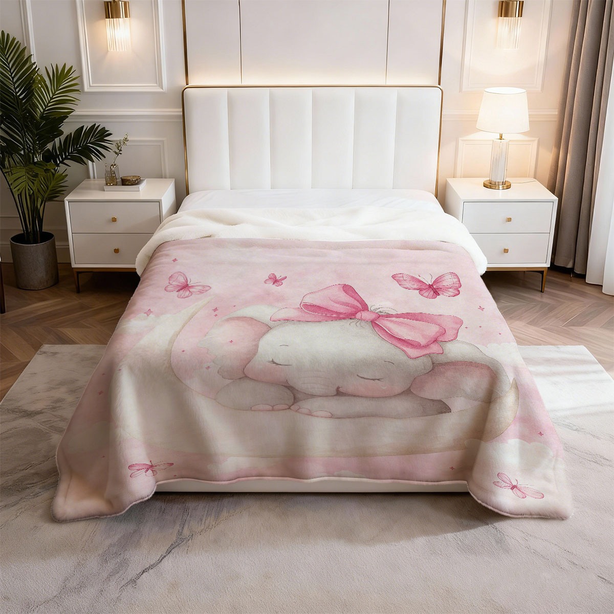 ぬいぐるみの赤ちゃん象のムーンブランケット、ピンクの子供部屋 - Baby Nursery Bedding のレビューと価格