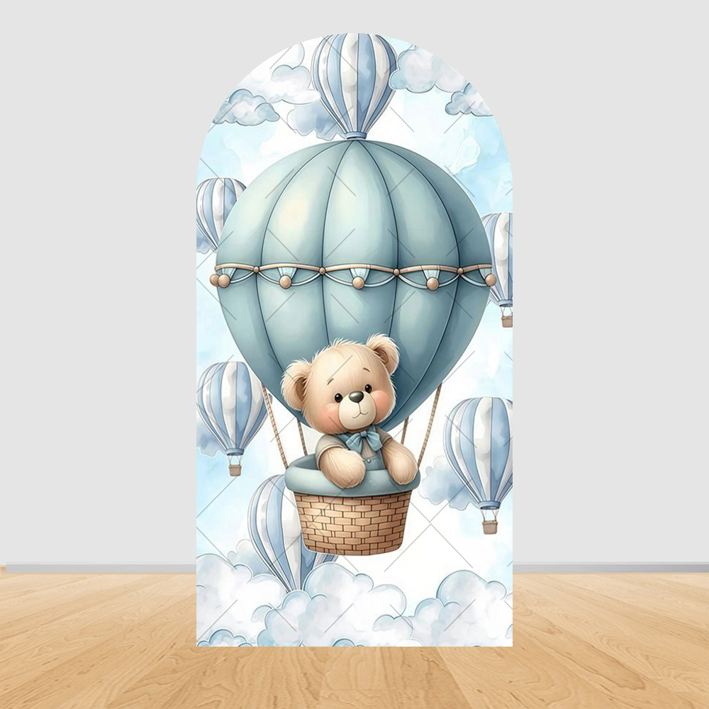 テディベアキッズ1歳の誕生日アーチ型背景幕ブルー熱気球ベビー - Baby Nursery Hot Air Balloon のレビューと価格