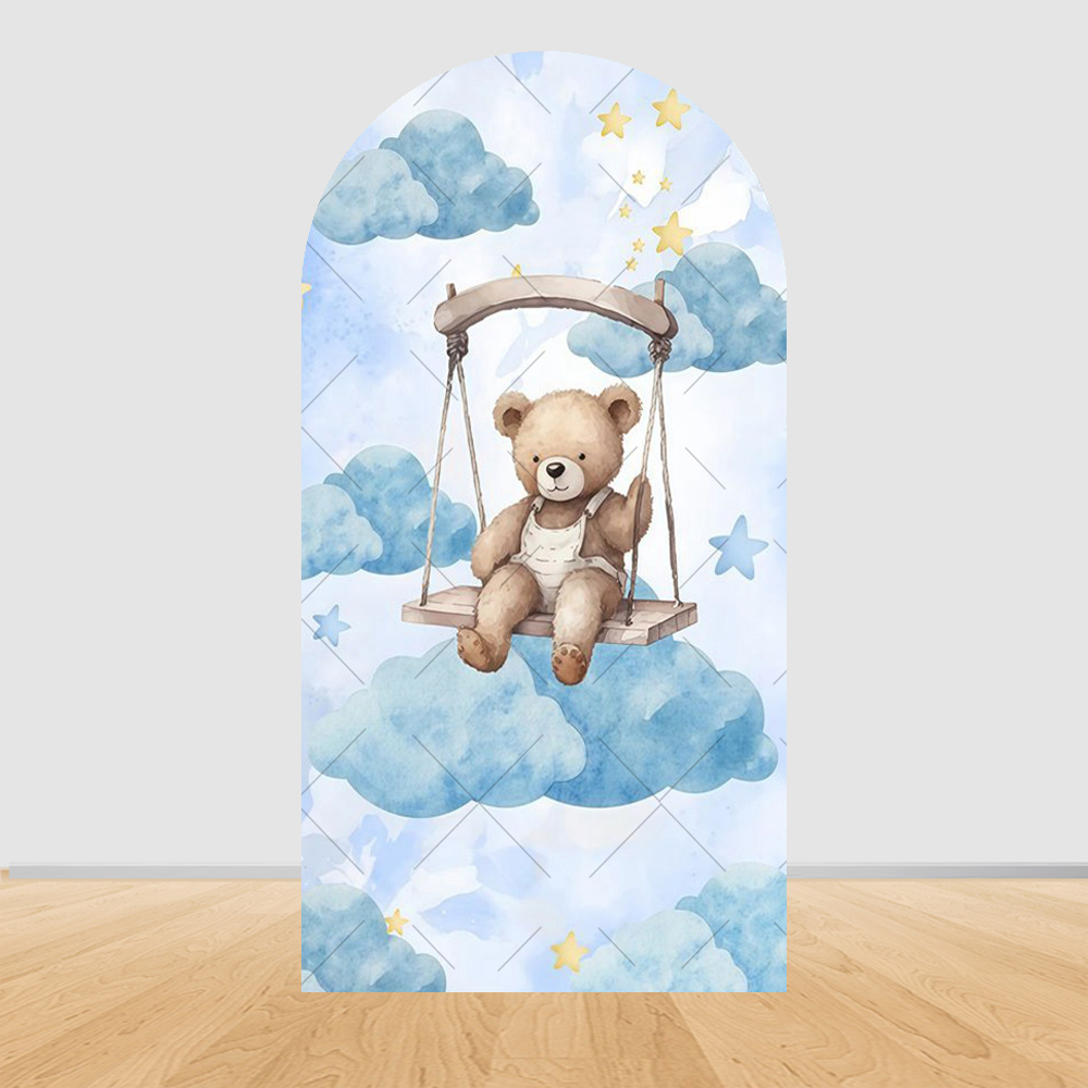 テディベアキッズ1歳の誕生日アーチ型背景幕ブルー熱気球ベビー - Baby Nursery Hot Air Balloon のレビューと価格