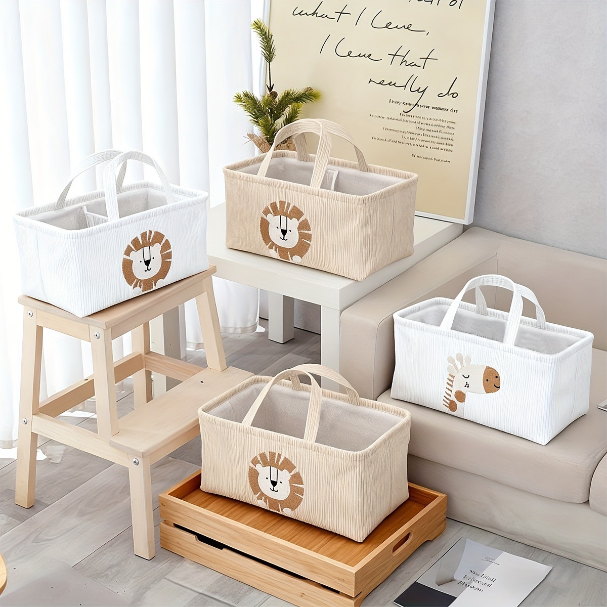 かわいいライオン柄の折りたたみ式おむつ収納バスケット、取っ手 - Baby Nursery Organiser のレビューと価格
