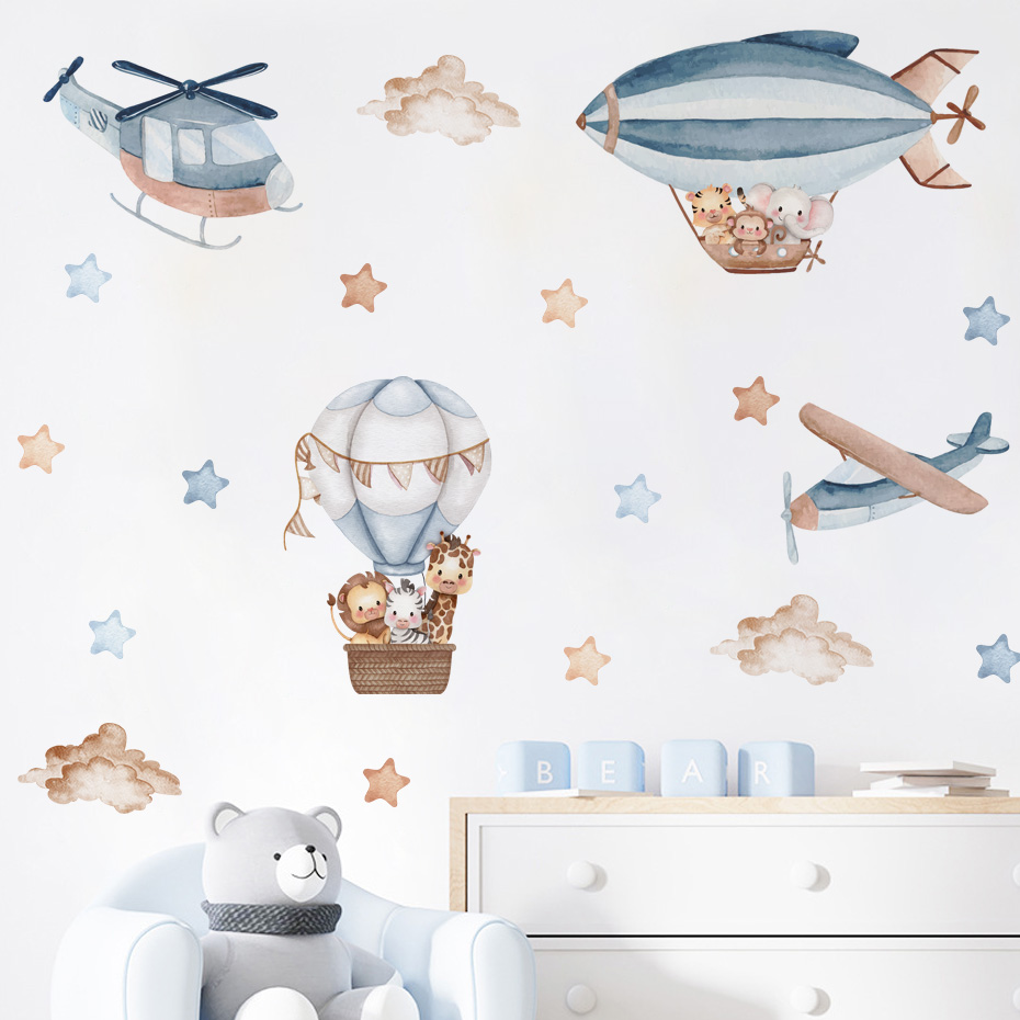 水彩動物熱気球雲ウォールステッカーキッズルームベビー保育園ル - Baby Nursery Hot Air Balloon のレビューと価格