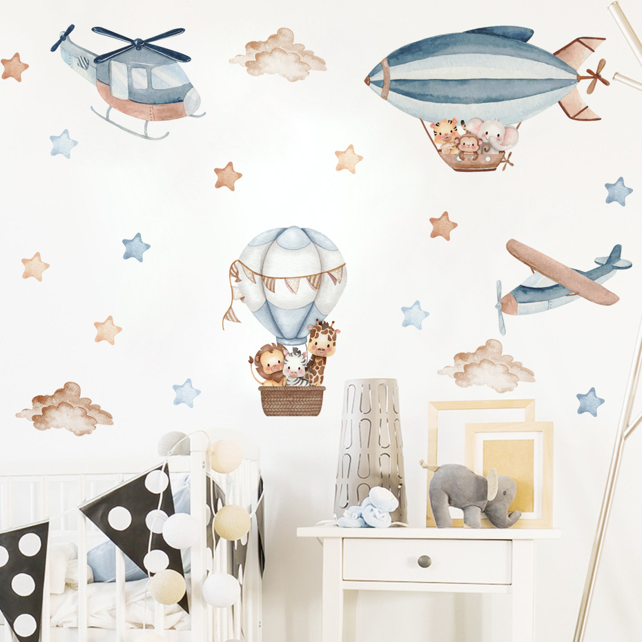 水彩動物熱気球雲ウォールステッカーキッズルームベビー保育園ル - Baby Nursery Hot Air Balloon のレビューと価格