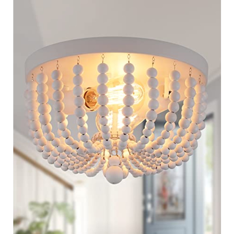 フラッシュマウント天井照明器具、2灯式木製ビーズボヘミアンシ - Baby Nursery Light Fixture のレビューと価格