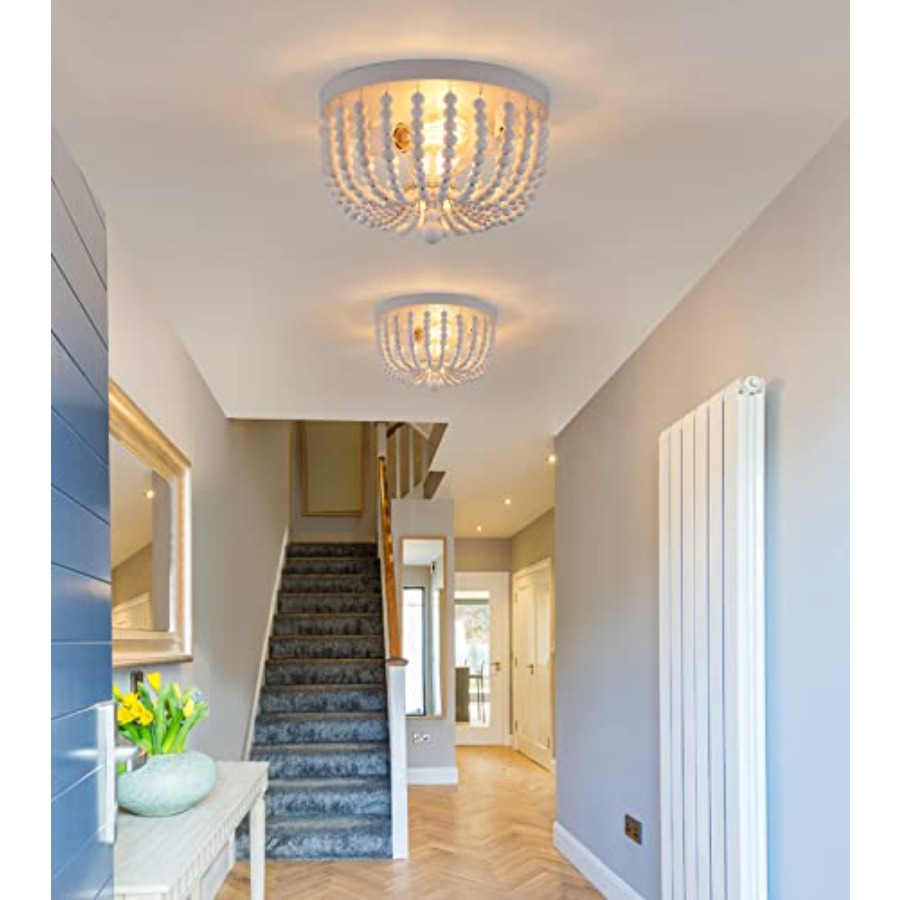 フラッシュマウント天井照明器具、2灯式木製ビーズボヘミアンシ - Baby Nursery Light Fixture のレビューと価格