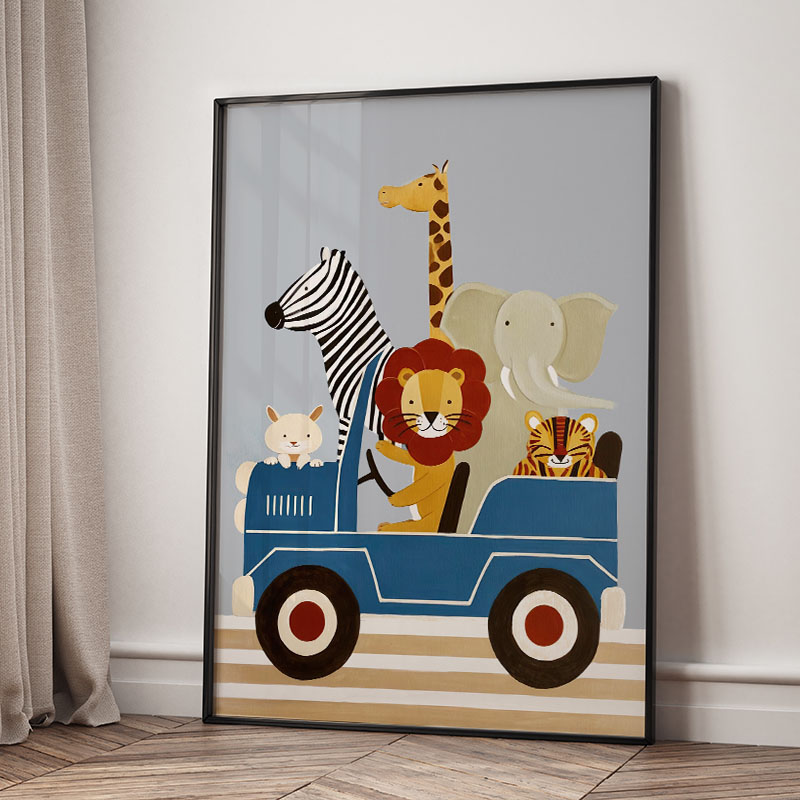 面白い漫画の動物車風船保育園ウォールアートキャンバス絵画ライ - Baby Nursery Kids のレビューと価格