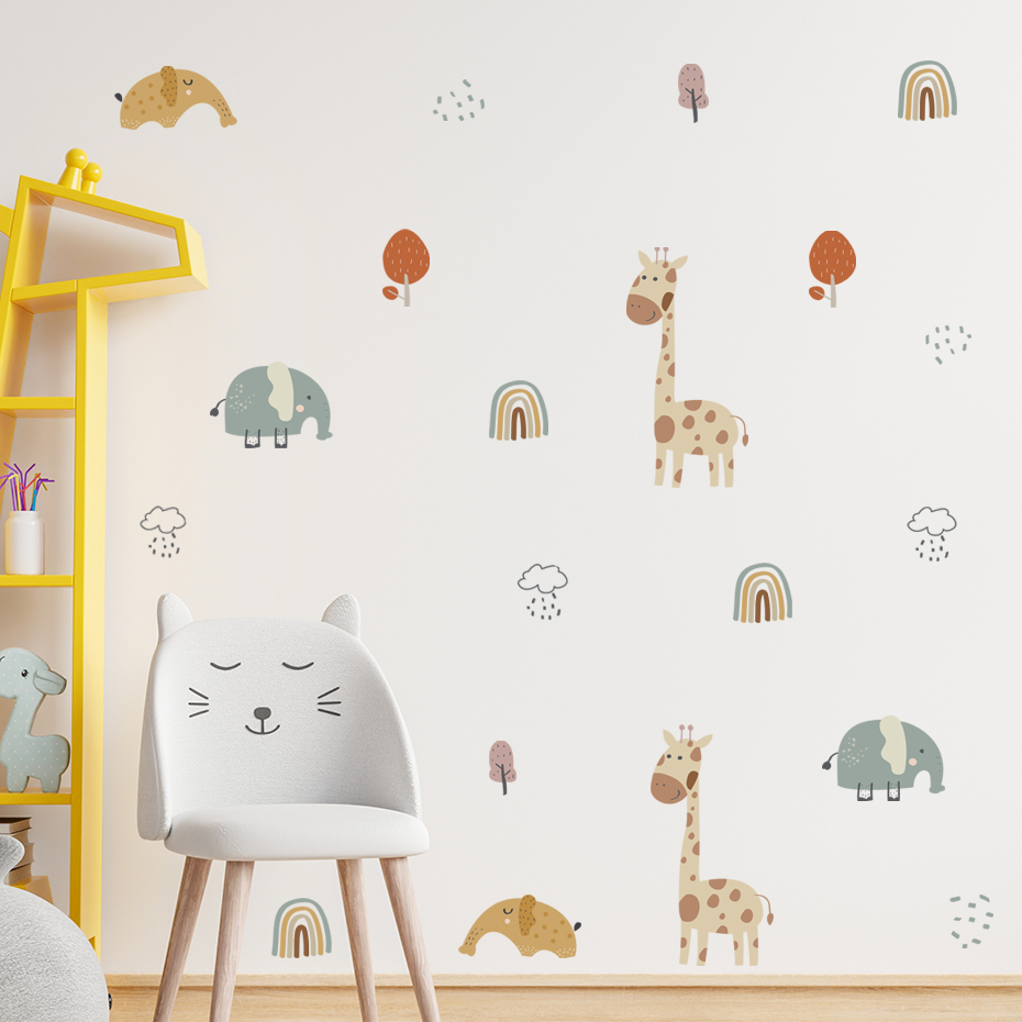 漫画キリン象動物ウォールステッカーレインボーツリーウォールス - Baby Nursery Kids のレビューと価格