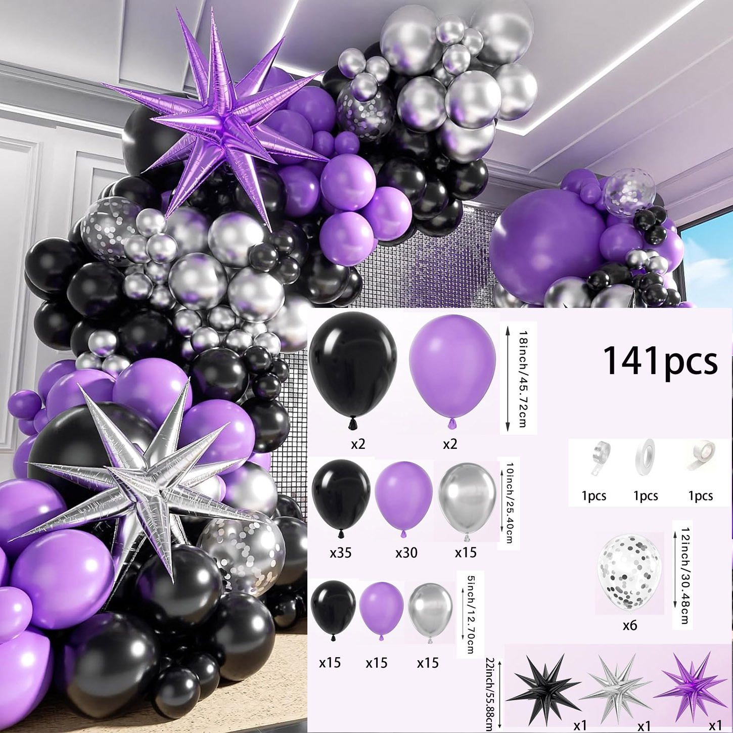 141個 パープル、ブラック、シルバー バルーンガーランドア - Baby Nursery Hot Air Balloon のレビューと価格