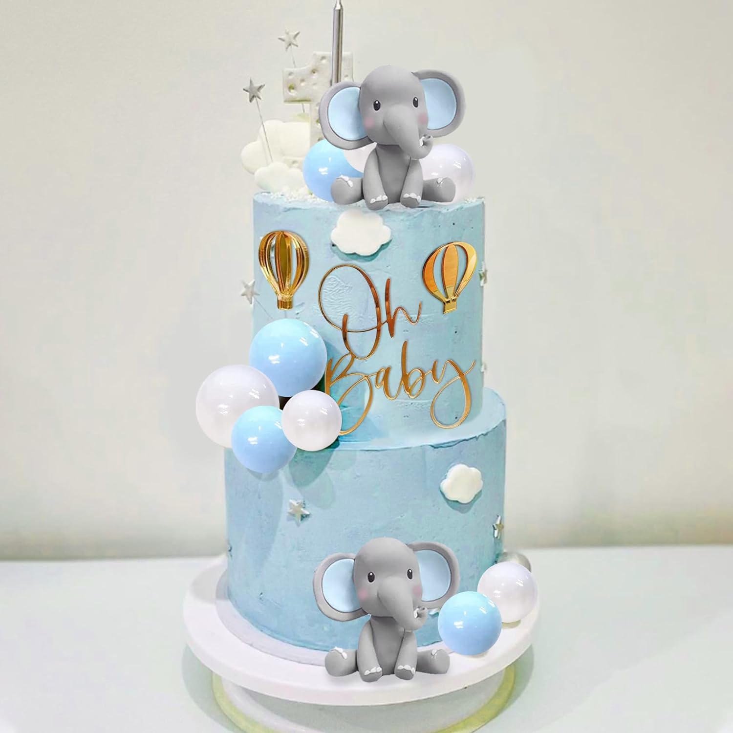 ミニエレファントケーキトッパー,青と白,パールボール,熱気球 - Baby Nursery Hot Air Balloon のレビューと価格